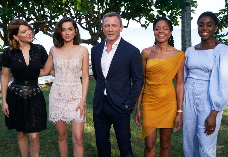 Bond 25 cast members: Léa Seydoux, Ana de Armas, Daniel Craig, Naomie Harris, and Lashana Lynch